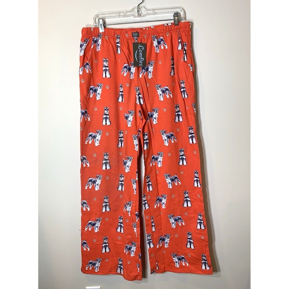 Comfies‎ Pajama Pants Unisex XL Red Flannel Schnauzer Dog Print Cotton Blend